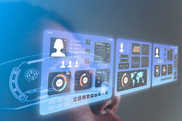 Immersive analytics dashboard interface projected before user face for data visualization biometrics profile monitoring and smart UI in augmented reality