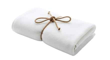 Folded white towel tied with brown twine, showcasing its soft texture and clean appearance for spa or bathroom use