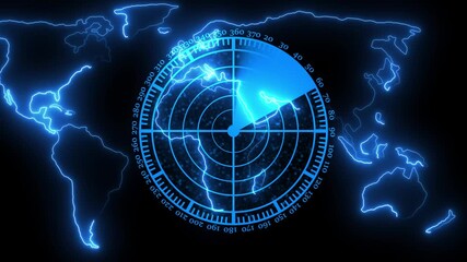 Radar screen animation on black background. High-tech radar scanner for  coordinates between countries neon world and cc ball action animation..... - Powered by Adobe