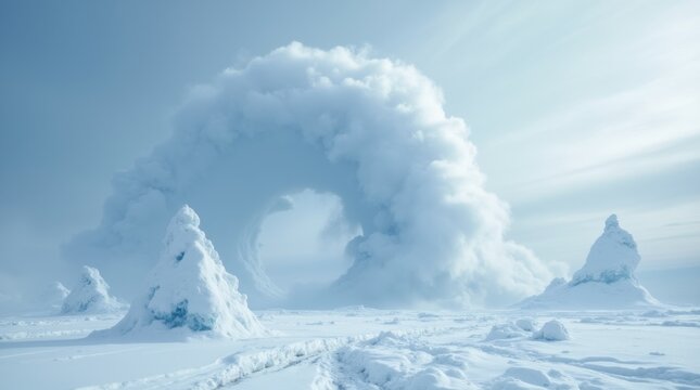 A massive snow devil twisting across a frozen arctic landscape.
