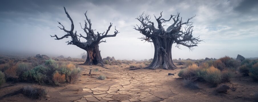 Two gnarled trees stand in a barren landscape, surrounded by dry earth and sparse vegetation under a cloudy sky, creating a hauntingly beautiful scene.