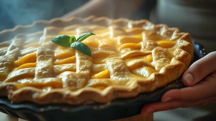 Delicious Peach Pie with Lattice Crust and Fresh Basil Garnish. - Powered by Adobe