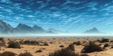 A vast desert landscape features rolling dunes, sparse vegetation, and majestic mountains under a vibrant blue sky with scattered clouds.