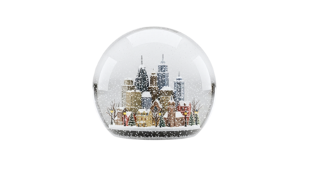 Charming snow globe featuring a miniature city scene with buildings and trees, , capturing the magic of winter holidays