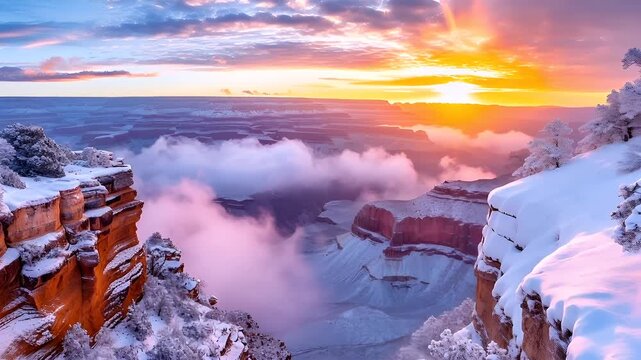 A breathtaking winter landscape captured during sunset. The sky is painted with hues of orange, pink, and purple, with a few wispy clouds scattered throughout.