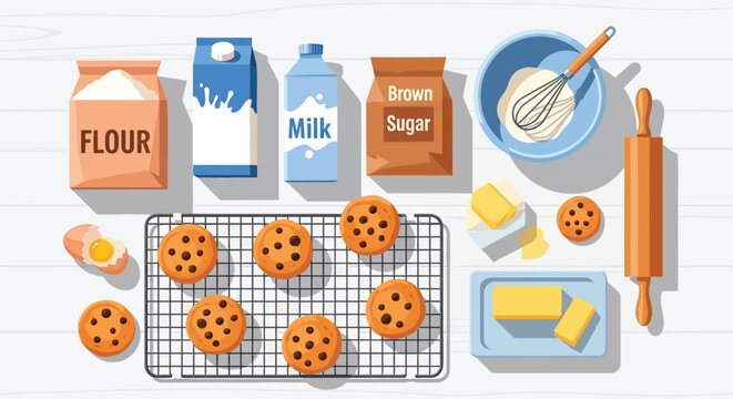 Overhead view of ingredients and tools for baking delicious chocolate chip cookies on a white wooden table - Powered by Adobe