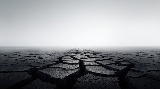 A desolate landscape featuring cracked earth under a pale sky, conveying a sense of dryness and barrenness.