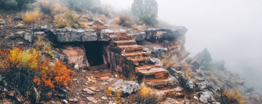 A rocky landscape features a cave entrance with stone steps, surrounded by misty hills and autumn foliage.