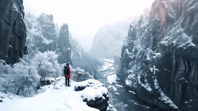 A person in a red jacket and black pants stands on a snowy mountain slope. The persons back is to the camera, and they appear to be looking into the distance.