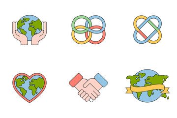 Flat vector icons for global unity and support, illustrating connected rings, planet earth, handshake agreement, and heart symbol.