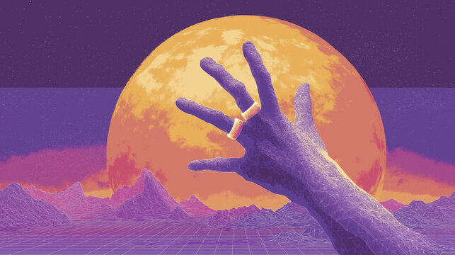 Purple planet sky yellow moon hand gold ring surreal retro cyber landscape neon