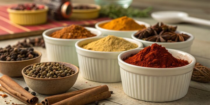 Aromatic cooking spices and herbs in various bowls featuring colorful paprika, chili, and curry powders
