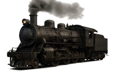 Naklejka premium Steam train locomotive puffing dark smoke, showing a vintage industrial engine with headlamp, isolated on a transparent background