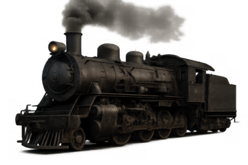 Steam train locomotive puffing dark smoke, showing a vintage industrial engine with headlamp, isolated on a transparent background