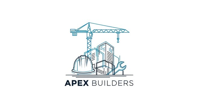 Line art logo featuring crane, buildings, hard hat, wrench, and text on white background