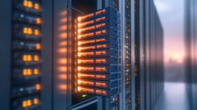 Close-up view of a data server cabinet with illuminated indicators, showcasing the complexity of modern computing technology.