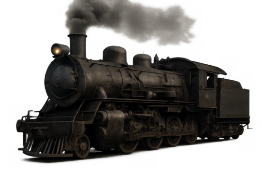 Steam train locomotive puffing dark smoke, showing a vintage industrial engine with headlamp, isolated on a transparent background