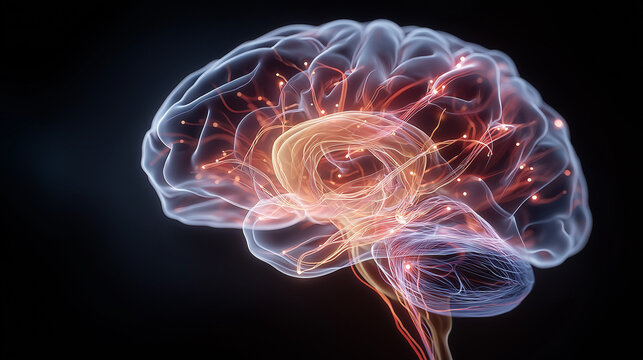 The Marvel of the Mind: A translucent rendering of the brain showcases its intricate network of neural pathways, pulsing with electrical activity, illuminating the seat of thought and consciousness.