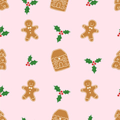 Christmas seamless pattern with gingerbread cookies and holly on pink background