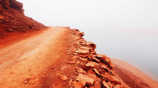 A winding dirt path along a rocky shore, surrounded by reddish terrain and misty water, creating a serene yet desolate landscape.