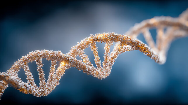 Close-up view of a DNA double helix structure showcasing its intricate details and molecular beauty against a blurred background.
