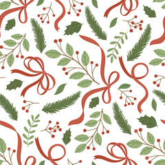 Christmas seamless pattern with leaves berries and red ribbons