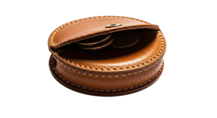 A brown leather coin purse with a few coins inside, , perfect for saving money or carrying small items around town