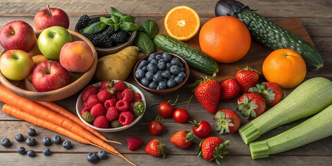 A basket of fresh fruits and vegetables including apple, grapes, tomato, and green pepper for a healthy diet