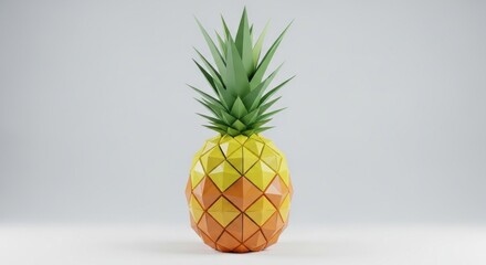 Low-poly illustration of a pineapple against a neutral gray backdrop, rendered with geometric shapes