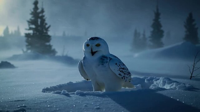 A snowy owl in winter fog with outstretched wings is a rare photorealistic video clip for nature, mysticism, design, films, and New Year's projects