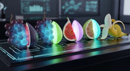 Luminous fruit halves on black table with blurred science lab background