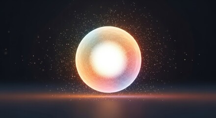 Luminous iridescent orb floating above a surface, with light particles around it