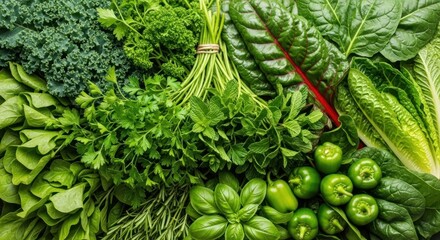 Lush arrangement of various fresh, green vegetables and herbs fills the frame