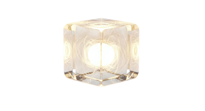 Illuminated crystal cube lamp casting a warm glow, , creating a modern and inviting ambiance in any space