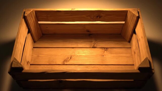 Empty wooden crate box in warm natural light