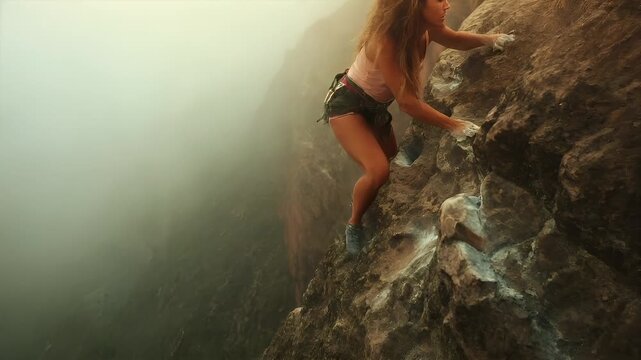 A woman rock climbing on a cliffside with a misty backdrop. She is captured in a dynamic pose, with one hand gripping the rock and the other firmly planted on the ground. Her long.