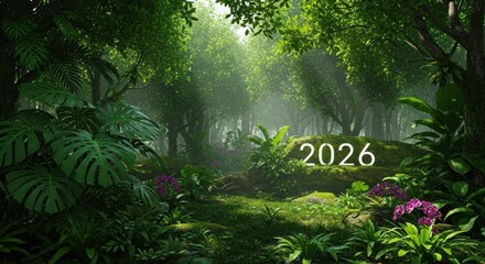 Lush forest scene with sunlit path, ferns, and a rock displaying "2026