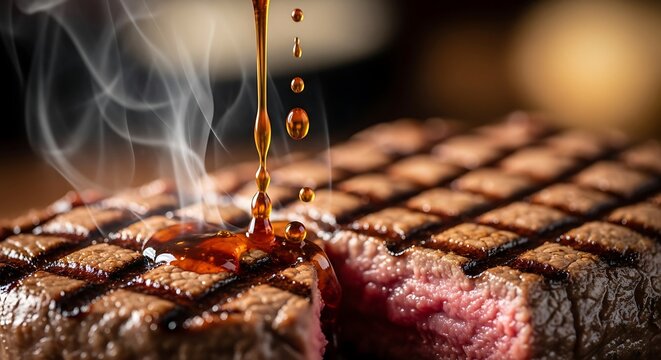 Gourmet delight close-up of sizzling steak enhanced with flavorful glaze dripping onto perfectly grilled succulent - Powered by Adobe