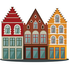 Naklejka premium Pixel Art Facades of Three Traditional European Buildings in Red Brown and Yellow Featuring Gabled Roofs and Arch Windows on Transparent Background