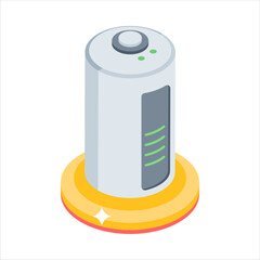 An isometric icon of a battery with a charging indicator