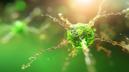 Close-up view of a neuron cell, showcasing intricate structures and vibrant colors representing brain activity and neural connections.