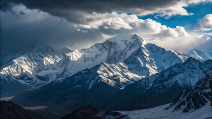 Snow-covered peaks of the Alps rise into the sky, presenting a cold winter landscape with dramatic clouds