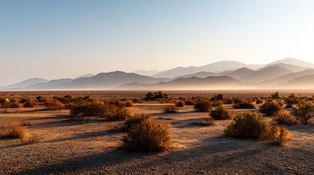 A serene desert landscape featuring distant mountains, sparse vegetation, and warm sunlight casting long shadows across the terrain.