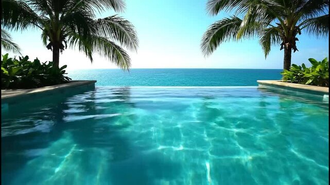 Serene infinity pool overlooking turquoise ocean framed by lush palm trees and vibrant green