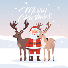 Santa claus with his reindeers background. Merry Christmas holiday cartoon design. Vector stock