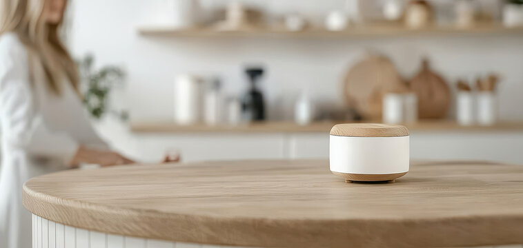 Minimalist kitchen soft light wooden diffuser modern decor neutral color cozy mood clean counter Scandinavian style blurred background natural texture evoke calm focus in airy home interior design