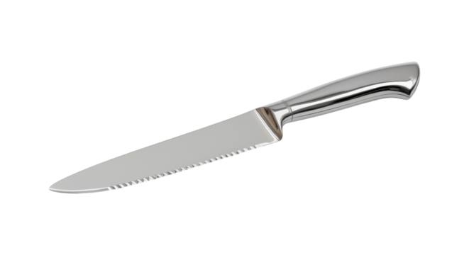 realistic stainless steel knife serrated edge kitchen cooking cutlery tool isolated on transparent background, png