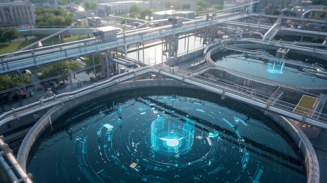 Massive industrial cooling towers with glowing blue core at nuclear power plant facility