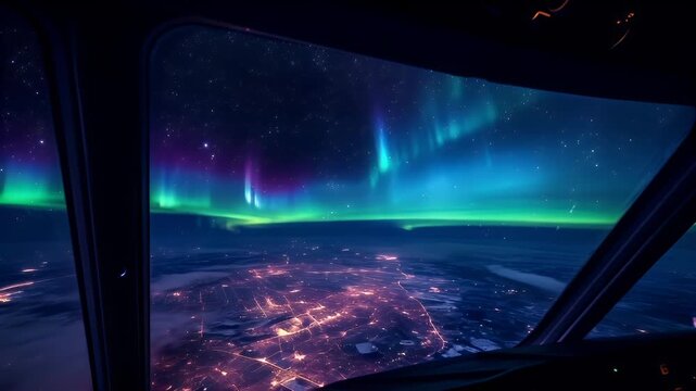 Aurora Borealis captured from an airplane window, showcasing a vibrant display of colors ranging from deep blues and purples to bright greens and yellows.
