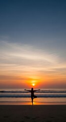 Silhouette Person Practicing Yoga on Beach at Sunset with Vibrant Sky and Calm Waves